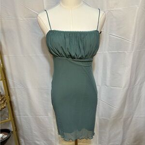 Forever 21 Y2K Sage Green Mesh Midi Dress Ruched Bust Spaghetti Strap Medium